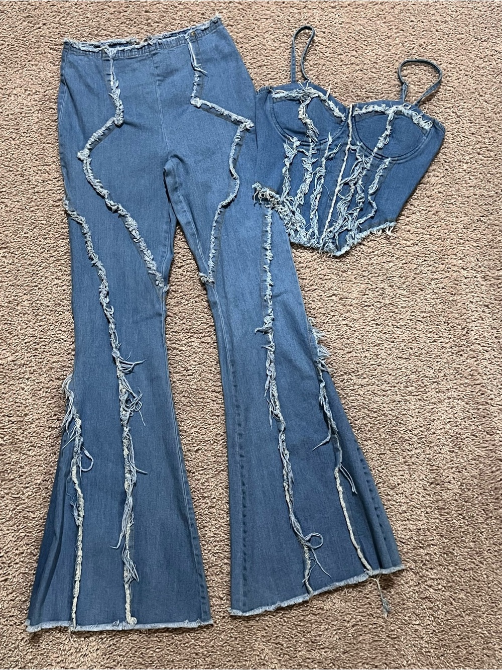NWOT Fashion Nova Blue Distressed Denim Flare Pants Set